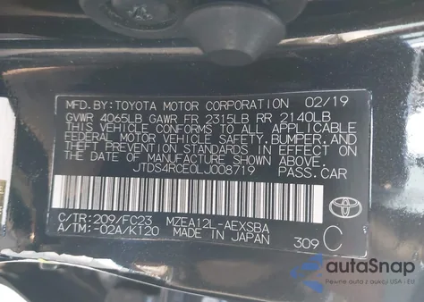 2020 Toyota Corolla Se from USA, damaged, VIN JTDS4RCE0LJ008719